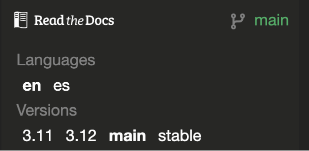Flyout showing versions of a documentation project
